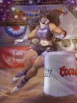 3:4 action_pose advertisement anthro apexz0ne athletic athletic_female audience barrel_racing black_hair bra breasts bridle brown_body brown_fur camera_flash clothing equid equine female flowing_mane fur group hair hi_res hooves horse horse_ears horse_tail mammal mane navel pose purple_clothing racing rodeo solo sport sports_bra underwear