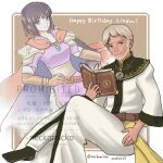  1boy 1girl beard black_hair blue_aura book character_name facial_hair fire_emblem fire_emblem_engage happy_birthday holding holding_book lindon_(fire_emblem) neckomicko old old_man olwen_(fire_emblem) 