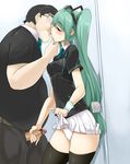  1girl black_legwear censored closed_eyes employee_uniform familymart fat fat_man glass hair_ornament handjob hatsune_miku hetero kiss long_hair momio panties penis skirt skirt_lift thighhighs twintails ugly_man underwear uniform vocaloid white_panties 