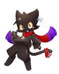 2025 4:5 4_fingers 4_toes accessory ambiguous_gender anthro biped black_body black_fur bottomless clothed clothing colored digitigrade domestic_cat ear_accessory feet felid feline felis fingers fur furgonomics handpaw hi_res hikaru_ye jewelry looking_at_viewer male_(lore) mammal midair necklace open_mouth open_smile paws pupils purple_pupils scarf shaded simple_background slight_blush smile solo tail tail_accessory three-quarter_view toes whiskers white_background yellow_sclera yuia