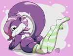 absurd_res anthro big_breasts breasts curvy_figure female fifi_la_fume fur hair hair_over_eye hi_res legs_up long_socks looking_at_viewer mammal mephitid nude on_ground one_eye_obstructed purple_body purple_fur purple_hair reymonrr signature simple_background skunk solo striped_skunk tiny_toon_adventures tongue tongue_out voluptuous warner_brothers