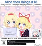  &gt;_&lt; +++ 3girls alice_margatroid black_shirt blonde_hair blue_eyes blush bnelsey bow bowtie capelet closed_mouth commentary english_commentary english_text grey_hair hair_bobbles hair_ornament hair_ribbon hairband holding holding_paper ko-fi_logo long_hair medicine_melancholy medium_hair multiple_girls one_side_up open_mouth paper qr_code red_bow red_bowtie red_hairband red_ribbon request_inset ribbon screenshot_inset shinki_(touhou) shirt smile touhou touhou_(pc-98) twitter_username white_capelet 