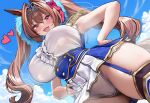  1girl absurdres animal_ears armpits asdkd123 bare_arms blue_garter_straps blue_skirt blush bow breasts brown_hair cleft_of_venus commentary_request covered_nipples crown daiwa_scarlet_(umamusume) fang from_below hair_between_eyes hair_bow hair_intakes hands_on_own_hips heart highres horse_ears horse_girl horse_tail large_breasts long_hair multicolored_skirt open_mouth panties pink_bow pink_eyes pleated_skirt pussy shirt sidelocks skin_fang skindentation skirt sleeveless sleeveless_shirt solo steaming_body tail thighhighs thighs twintails umamusume underwear white_panties white_shirt white_skirt 