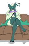absurd_res ambiguous_gender anthro black_claws blush claws crossed_legs fur furniture generation_9_pokemon green_body green_fur hi_res looking_at_viewer mask meowscarada nintendo on_sofa pheroviran pokemon pokemon_(species) pupils purple_eyes purple_nose shiny_pokemon simple_background sitting sitting_on_sofa slit_pupils sofa solo thick_thighs white_background wide_hips