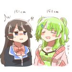  !? 2girls :d ^^^ black_hair black_jacket blazer bow braid breasts camisole chibi cleavage closed_eyes collared_shirt cropped_torso double_bun green_camisole green_hair hair_bun hair_ornament hairclip height jacket long_hair lowres morinaka_kazaki morinaka_kazaki_(2nd_costume) multiple_girls nijisanji off_shoulder open_clothes open_jacket pink_bow pink_jacket polka_dot_camisole rebecca_(keinelove) rectangular_mouth school_uniform shirt simple_background small_breasts smile tsukino_mito tsukino_mito_(1st_costume) two_side_up upper_body virtual_youtuber white_background white_shirt 