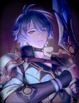  1boy absurdres antenna_hair armor black_choker blue_eyes brown_background choker commentary_request dated english_commentary gauntlets gold_trim grey_hair hair_between_eyes hands_up highres holding holding_sword holding_weapon honkai:_star_rail honkai_(series) jacket long_sleeves looking_at_viewer male_focus phainon_(honkai:_star_rail) rai._lla short_hair shoulder_armor simple_background solo sun_symbol sword teeth upper_body weapon white_jacket yellow_pupils 