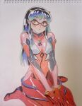  1girl between_legs bodysuit colored_pencil_(medium) cone_horns cosplay crossover evangelion:_3.0_you_can_(not)_redo glasses hand_between_legs highres horns lum makinami_mari_illustrious makinami_mari_illustrious_(cosplay) mecha_pilot_suit neon_genesis_evangelion orange_eyes own_hands_together pointy_ears rebuild_of_evangelion red-framed_eyewear red_bodysuit sidelocks sitting solo tomo_okame0106 traditional_media urusei_yatsura wariza 