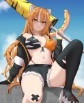  1girl absurdres animal_ears arm_support asymmetrical_legwear bandage_on_knee beach_umbrella bikini bikini_under_clothes black_hair black_thighhighs breasts cloud cloudy_sky concrete_wall cutoffs day denim denim_shorts front-tie_bikini_top front-tie_top halterneck highleg highleg_bikini highres holding holding_umbrella indie_virtual_youtuber jacket large_breasts leg_up long_hair long_sleeves looking_at_viewer multicolored_hair nail_polish navel open_clothes open_jacket orange_eyes orange_hair original outdoors shoes short_shorts shorts single_thighhigh sitting_on_wall sky smile solo streaked_hair swimsuit tail tenko_(winged_assessin) thick_eyebrows thighhighs tiger_ears tiger_girl tiger_tail torn_clothes torn_shorts torn_thighhighs umbrella virtual_youtuber white_hair 