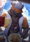 anthro athletic athletic_anthro athletic_male beach beverage black_body black_fur blush canid canine canis clothing cola domestic_dog food fur hair hat headgear headwear hi_res lemonade lifewonders looking_at_viewer male mammal palm_tree pecs plant ponzu_tas red_eyes scar seaside soda solo swimwear tadatomo_(tas) tokyo_afterschool_summoners tree visor_cap white_hair yellow_sclera