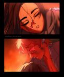  1boy 1girl alien_stage artist_name blood blood_on_face brown_hair bruise bruise_on_face closed_eyes commentary crying crying_with_eyes_open earpiece evylfaye hashtag-only_commentary highres hyuna_(alien_stage) injury long_hair luka_(alien_stage) parted_lips short_hair tears 