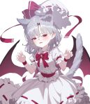  1girl animal_ear_fluff animal_ears bat_wings blush bow bowtie cat_ears cat_tail center_frills claw_pose collared_shirt cowboy_shot fang frilled_shirt_collar frills hat hat_ribbon heoningu highres kemonomimi_mode looking_at_viewer medium_hair mob_cap parted_lips pointy_ears puffy_short_sleeves puffy_sleeves purple_hair red_bow red_bowtie red_eyes red_ribbon remilia_scarlet ribbon ribbon-trimmed_skirt ribbon_trim shirt short_sleeves skin_fang skirt solo tail touhou white_background white_hat white_shirt white_skirt wings wrist_cuffs 