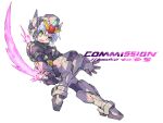  absurdres armor artist_name black_armor character_request commentary commission copyright_request energy_sword english_commentary forehead_jewel full_body green_eyes grey_hair gundam highres holding holding_sword holding_weapon iikoao original science_fiction short_hair simple_background solo sword thrusters v-fin weapon white_background 