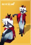 2_horns ambiguous_anthro ambiguous_gender anthro barefoot biped bovid caprine cult_of_the_lamb digital_drawing_(artwork) digital_media_(artwork) english_text featureless_crotch feet hi_res horn kittem4 lamb_(cult_of_the_lamb) leg_markings mammal markings massive_monster_(studio) navel shadow sheep simple_background sitting socks_(marking) solo standing text white_body yellow_background