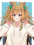  1girl animal_ears blast_onepiece_(umamusume) blue_background blue_eyes border brown_hair claw_pose commentary drawstring ear_ornament grin hair_between_eyes hair_ornament highres hood hood_down hoodie horse_ears horse_girl long_hair looking_at_viewer messy_hair multicolored_nails nail_polish outside_border shiroiro_obake smile solo umamusume very_long_hair white_border white_hoodie 
