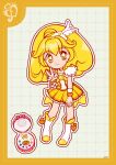  1girl blonde_hair boots border bow bright_pupils choker closed_mouth coattails compact_(cosmetics) cosmetics cure_peace deformed dot_nose dotted_line feather-trimmed_sleeves footwear_bow frilled_skirt frills full_body grey_background grid_background hair_between_eyes hair_ornament happy high_ponytail highres kise_yayoi knee_boots long_hair magical_girl mini_tiara miniskirt orange_bow orange_wrist_cuffs outline pleated_skirt ponytail precure shirt short_sleeves signature skirt skirt_set smile smile_precure! solo standing tareme tiara uwded_207 v white_arm_warmers white_boots white_outline white_pupils white_sleeves wing_hair_ornament wrist_cuffs yellow_border yellow_choker yellow_eyes yellow_shirt yellow_skirt 