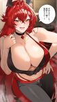  1girl :d alternate_costume antenna_hair bare_arms bare_shoulders bikini bikini_under_clothes black_bikini black_choker black_horns black_pants blurry blurry_background blush breasts choker cleavage collarbone commentary_request cowboy_shot crossed_bangs drawstring fang fingernails goddess_of_victory:_nikke hair_between_eyes halterneck hand_on_own_hip hand_up heart highres horns huge_breasts indoors long_hair looking_at_viewer multicolored_bikini nail_polish navel open_mouth paid_reward_available pants panty_straps pendant_choker red_bikini red_hair red_hood_(nikke) red_nails red_pants shishamo_712 smile solo speech_bubble standing steaming_body sweat swimsuit translation_request two-tone_bikini two-tone_pants very_long_hair yellow_eyes 