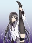  1girl akemi_homura akemi_homura_(magical_girl) black_hair black_hairband black_panties black_thighhighs dotya45 expressionless flexible frilled_skirt frills gradient_background hairband highres long_hair long_sleeves magical_girl mahou_shoujo_madoka_magica mahou_shoujo_madoka_magica_(anime) multicolored_hair odaibako panties purple_eyes ribbon skirt solo split standing standing_on_one_leg standing_split thighhighs two-tone_capelet underwear upskirt 