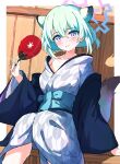  1girl absurdres animal_ears arm_at_side blue_archive blush collarbone commentary extra_ears eyelashes feet_out_of_frame green_hair hair_between_eyes halo hand_fan hand_up highres holding holding_fan indoors japanese_clothes kimono long_sleeves looking_at_viewer low_twintails medium_hair moru_(moru20000) official_alternate_costume official_alternate_hairstyle parted_lips pink_halo purple_eyes shigure_(blue_archive) shigure_(hot_spring)_(blue_archive) short_twintails sidelocks single_bare_shoulder sitting smile solo tail tail_raised twintails weasel_ears weasel_girl weasel_tail white_kimono wide_sleeves 