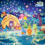  ^_^ anniversary balloon blaziken bunting bush closed_eyes combusken commentary_request copyright_name grass grovyle lantern marshtomp mudkip night official_art open_mouth outdoors pokemon pokemon_sleep sceptile sleeping smile stairs starter_pokemon_trio swampert tent torchic tree treecko 