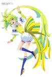  1girl ;d absurdres arm_up blue_boots boots copyright_name copyright_notice gotan_takayuki green_eyes green_hair high_heel_boots high_heels highres ichijou_nagase knee_boots long_hair looking_at_viewer magazine_scan megami_magazine official_art one_eye_closed open_mouth princession_orchestra scan simple_background smile solo standing standing_on_one_leg teeth upper_teeth_only very_long_hair white_background 