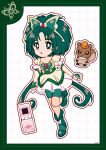  1girl akimoto_komachi animal_print boots border bow bowtie butterfly_hair_ornament butterfly_print cellphone clenched_hands cure_mint deformed dotted_line dress elbow_gloves flip_phone flower frilled_dress frilled_sleeves frills full_body gloves green_boots green_border green_bow green_bowtie green_hair green_sash green_shorts grid_background hair_ornament high_heel_boots high_heels highres leg_up long_hair low_twintails magical_girl nuts_(yes!_precure_5) outline parted_bangs phone precure red_brooch rose sash short_dress short_sleeves shorts shorts_under_skirt squirrel twintails uwded_207 very_long_hair waist_sash watch white_background white_dress white_gloves white_outline wristwatch yes!_precure_5 