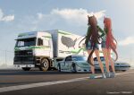  2girls absurdres animal_ears blue_sky box_truck brown_hair car commentary contrapposto daf_(brand) denim denim_shorts ear_covers ear_ornament english_commentary from_behind full_body goodyear green_jacket hand_on_own_hip highres horse_ears horse_girl horse_tail jacket long_sleeves map mazda mazda_rx-7 motor_vehicle multicolored_hair multiple_girls outdoors pavement pioneer_corporation run_rotary semi_truck shoes shorts sky sneakers speed_symboli_(umamusume) spoiler_(automobile) standing streaked_hair symboli_rudolf_(umamusume) tail tail_through_clothes trailer truck umamusume united_states white_hair white_shoes 