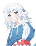  1girl absurdres animal_costume blue_eyes blue_hoodie blue_streaks blunt_bangs blush clenched_teeth drooling finger_in_own_mouth fins fish_tail gawr_gura gawr_gura_(1st_costume) hair_ornament highres hololive hololive_english hood hoodie long_hair looking_at_viewer mouth_drool multicolored_hair open_mouth shark_costume shark_girl shark_hair_ornament shark_print shark_tail sharp_teeth sidelocks solo streaked_hair tail teeth two_side_up ugaaaa1 virtual_youtuber 