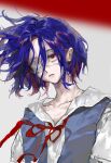  1boy absurdres ayanami_rei ayanami_rei_(cosplay) blue_hair blue_vest colored_eyelashes colored_inner_hair cosplay crossdressing diurtion eyepatch floating_hair gundam gundam_gquuuuuux highres male_focus medical_eyepatch multicolored_hair neck_ribbon neon_genesis_evangelion parted_lips red_eyes red_hair red_ribbon ribbon school_uniform shirt short_hair short_sleeves shuji_ito solo tokyo-3_middle_school_uniform two-tone_hair upturned_eyes vest white_shirt wind 