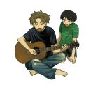  2boys :d acoustic_guitar aged_down barefoot black_hair black_shirt black_shorts brothers brown_eyes brown_hair child closed_eyes commentary_request denim ear_piercing earrings full_body futsuu_no_keion-bu green_shirt guitar highres indian_style instrument jeans jewelry kneeling male_focus multiple_boys music pants parted_bangs piercing playing_guitar playing_instrument shirt short_sleeves shorts siblings simple_background sitting smile striped_clothes striped_shirt t-shirt takami_kouki takami_ryuki torn_clothes torn_jeans torn_pants u_u white_background zz_5mm 