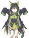  1girl :d ^_^ absurdres ahoge arknights arms_up belt belt_buckle black_belt black_coat black_hair black_tail blush buckle closed_eyes coat colored_inner_hair emoji facing_viewer fangs feet_out_of_frame green_hair green_shirt hair_intakes highres huge_ahoge long_hair mon3tr_(arknights) moochiyuki multicolored_hair open_mouth outstretched_arms pouch shirt simple_background sleeves_past_fingers sleeves_past_wrists smile solo standing tail thigh_belt thigh_strap torn_clothes torn_coat two-tone_hair white_background 
