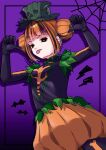  1girl absurdres animification aoiyuuna_811 black_hair disneyland double_bun dress gloves hair_bun hair_ornament halloween highres long_hair long_sleeves looking_at_viewer orange_eyes orange_hair simple_background smile solo 