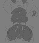 anthro arthropod black_and_white bodily_fluids bottomwear bulge butt clothing cum cum_in_hair cum_inside cum_on_back cum_on_butt cum_on_clothing cum_through denim denim_bottomwear denim_clothing denim_shorts duo erection erection_under_clothing exclamation_point female genital_fluids grinding hair hi_res insect lepidopteran male male/female monochrome moth motion_lines raewtf shirt shorts speech_bubble tank_top topwear