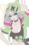  1girl animal_hood belt_collar black_shirt blue_eyes breasts cat_hood cleavage collar collarbone commentary_request dmr_pic green_hood highres honkai_(series) honkai_impact_3rd hood kiana_kaslana kiana_kaslana_(knight_moonbeam) kiana_kaslana_(lemon_soda) large_breasts midriff navel official_alternate_costume open_mouth paw_print shirt short_hair solo teeth tied_shirt twitter_username upper_teeth_only white_hair 