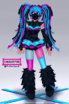  1girl belt black_gloves blue_hair commentary cute_x_subculture_hatsune_miku_design_contest cybergoth cyberlox english_commentary fashion fingerless_gloves fishstxck fur_leg_warmers gloves goggles goggles_on_head hatsune_miku highres leg_warmers long_hair mask multicolored_hair pink_eyes respirator solo tutu twintails vocaloid 