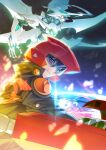  1boy black_hair blue_jacket d-wheel dragon duel_disk earth_(planet) facial_mark from_side fudo_yusei glowing helmet jacket looking_at_viewer male_focus motor_vehicle motorcycle open_mouth parted_lips planet purple_eyes red_helmet riding shooting_quasar_dragon smile space tsuezu upper_body yu-gi-oh! yu-gi-oh!_5d&#039;s 