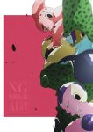  3boys black_sclera cell_(dragon_ball) colored_sclera colored_skin cowboy_shot dragon_ball dragon_ball_z final_form_frieza frieza from_side green_skin highres kid_buu majin_buu male_focus multiple_boys no_eyebrows pink_background pink_skin profile red_eyes simple_background stktik09060906 trait_connection upper_body watermark white_skin 
