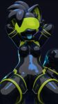 2025 3d_(artwork) ailurid anthro black_latex blue_tongue breasts clothing collar digital_media_(artwork) drone female green_latex hi_res jinxit kneeling latex latex_clothing latex_skinsuit mammal multicolored_clothing multicolored_skinsuit pocky_(jinxit) red_panda skinsuit solo tail tight_clothing tongue tongue_out two_tone_clothing two_tone_skinsuit visor