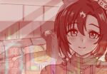  1girl 1other animal_ears brown_theme closed_mouth commentary_request ear_through_crown high_side_ponytail horse_ears horse_girl indoors looking_at_viewer lowres monochrome reflection satono_crown_(umamusume) shiodanx shirt short_hair smile solo_focus trainer_(umamusume) umamusume upper_body 