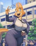 2025 5_fingers absurd_res anthro big_breasts bottomwear breasts canid canine clothed clothing collared_shirt curvy_figure diane_foxington digit_ring digital_drawing_(artwork) digital_media_(artwork) dreamworks dress_shirt eyebrow_piercing eyewear facial_piercing female fingers fox fur glasses greasymojo hand_on_hip hand_on_own_hip hi_res huge_filesize human jacket jewelry looking_at_viewer mammal multicolored_body multicolored_fur open_mouth orange_body orange_fur pants piercing portrait shirt small_waist solo tan_body tan_fur teeth the_bad_guys thick_thighs three-quarter_portrait topwear two_tone_body two_tone_fur wide_hips