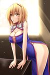  alice_margatroid alternate_costume bare_hips blonde_hair blush breasts china_dress chinese_clothes cleavage dress hairband highres large_breasts looking_at_viewer no_panties short_hair shuugetsu_karasu side_slit solo sunlight touhou window yellow_eyes 