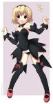  1girl absurdres alternate_costume arms_up black_collar black_hairband black_leotard black_sleeves black_thighhighs blonde_hair breasts collar detached_collar detached_sleeves fang full_body hairband highres higurashi_no_naku_koro_ni houjou_satoko leotard looking_at_viewer mary_janes open_mouth outstretched_arms purple_background red_eyes red_shoes satokocel shoes short_hair simple_background skin_fang small_breasts smile solo standing tachi-e thighhighs twitter_username 