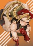  1girl absurdres all_fours alohapz ass bare_legs bare_shoulders biceps black_boots blonde_hair blue_eyes boots braid breasts cammy_white fingerless_gloves gauntlets gloves green_leotard hat highres large_breasts leotard orange_background red_gloves red_hat simple_background skeptical solo street_fighter thinking twin_braids 