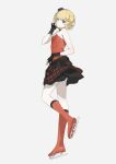  1girl absurdres adjusting_hair bare_arms bare_shoulders black_bow black_choker black_gloves black_hat black_skirt blonde_hair boots bow bow_skirt choker closed_mouth collarbone commentary_request eyelashes fingerless_gloves full_body gloves grey_background hat hat_bow highres ice_skates idol knee_boots lace-trimmed_skirt lace_trim layered_skirt looking_at_viewer mini_hat miniskirt morgue_(southsakura) plaid_clothes plaid_skirt pocket pretty_rhythm pretty_rhythm_aurora_dream pretty_series purple_eyes red_boots red_shirt red_skirt shirt short_hair simple_background skates skirt smile solo strapless strapless_shirt swept_bangs takamine_mion white_bow 