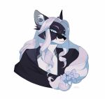 2025 anthro black_body black_clothing black_fur black_nose black_topwear blue_eyes bust_portrait canid canine cheek_tuft clothed clothing dated facial_tuft female female_anthro front_view fur grey_hair hair hi_res inner_ear_fluff long_hair looking_at_viewer mammal mouth_closed narrowed_eyes portrait signature solo topwear tuft unknowhiter white_body white_fur white_inner_ear_fluff