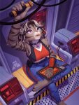 2025 3:4 4_toes 5_fingers anthro barefoot biped blue_eyes bottomwear breasts brown_body brown_fur brown_hair claws clothed clothed_anthro clothed_female clothing countershade_fur countershade_torso countershading digital_media_(artwork) domestic_cat feet felid feline felis female finger_claws fingers fully_clothed fully_clothed_anthro fully_clothed_female fur hacatiko hair heterochromia hi_res holding_object inside looking_up mammal open_mouth pants pawpads paws pink_eyes sitting solo striped_body striped_fur stripes teeth toe_claws toes tongue topwear