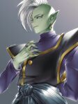  1boy arm_behind_back black_vest blue_sash bright_pupils colored_skin commentary dragon_ball dragon_ball_super earrings film_grain from_below gem gold_trim green_gemstone green_skin grey_background grey_eyes hand_on_own_chest highres jewelry kaioushin looking_at_viewer looking_down looking_to_the_side male_focus mohawk owo8090 parted_lips pointy_ears potara_earrings purple_shirt sash shirt silver_ring solo upper_body vest white_pupils zamasu 