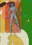 2011 alien anthro blue_body blue_hair blue_skin breasts candy colored dessert duo female food fur genitals green_background guide_lines hair hi_res humanoid james_cameron&#039;s_avatar jeri_kleinlowe licking licking_lollipop lollipop long_tail macro male male/female micro na&#039;vi nipples nude open_mouth sharp_teeth simple_background sketch tail teeth tongue vore vulva yellow_body yellow_fur