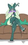 absurd_res ambiguous_gender anthro black_claws blush bodily_fluids claws crossed_legs cum cum_on_face cum_on_feet feet fur furniture generation_9_pokemon genital_fluids green_body green_fur hi_res looking_at_viewer mask meowscarada nintendo on_sofa pheroviran pokemon pokemon_(species) pupils purple_eyes purple_nose shiny_pokemon simple_background sitting sitting_on_sofa slit_pupils sofa solo thick_thighs white_background wide_hips