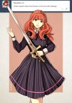  1girl alternate_costume black_dress celica_(fire_emblem) dress earrings fire_emblem fire_emblem_echoes:_shadows_of_valentia gzei holding holding_sword holding_weapon jewelry long_hair princess red_eyes red_hair striped_clothes striped_dress sword tiara weapon 