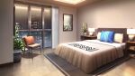  apartment bed bedroom blanket book chair city_lights cityscape curtains desk_lamp highres indoors lamp night non-web_source official_art our_life our_life:_beginnings_and_always photo_(object) pillow plant potted_plant rug tile_floor tiles variant_set window_light 